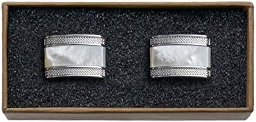 Men's Cufflinks -"Men's Essentials" in Box (1 Pair - Silver Metal, Pearl-White Stone)