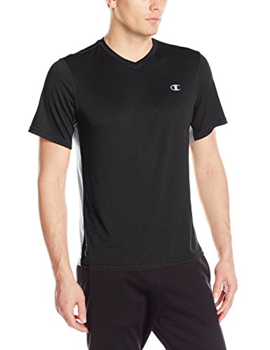 Champion Men's Double Dry Heather V-Neck Tee, Black Heather/Concrete, Medium