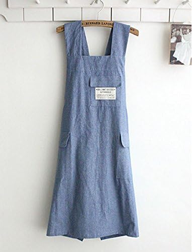 Natural Fabric Cotton Danim Apron with Pockets, Japanese Style for Women, Kitchen Apron, Mom Gift Apron, Daily Apron - Blue Jean