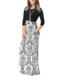 WNEEDU - Maxi vestido de manga 3 4 con estampado floral, suelto, casual, largo, con bolsillos para mujer