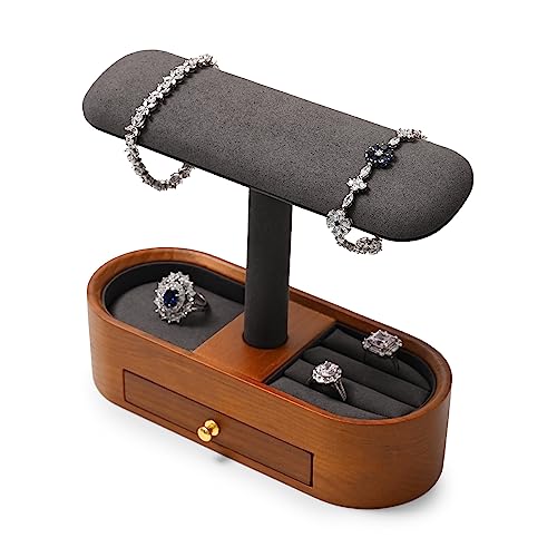 Oirlv Solid Wood Watch Stand with Drawer T-bar Watch Holder Organizer for Men and Women Showcase Bracelet Bangle Jewelry Display Stand Rings Earrings Necklace Storage(Drawer,Grey)