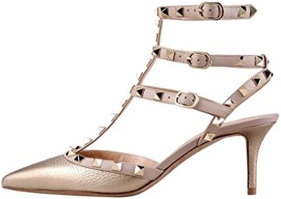 Mavirs Women's Cyjk Pointed Toe Ankle Strap Pumps T-Strap Mid Heel Rivets Studded Shoes