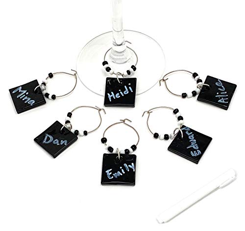 Wine Glass Charms with Chalk Marker to Write Names, Reusable for Parties, Holidays, Gifts and Decoration (Black, 6 Pack) - Thumbnail 6