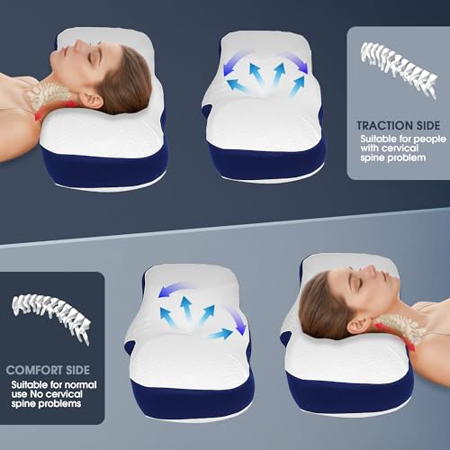 Memory Foam Neck Pillow, Ergonomic Cervical Sleeping Neck Pillow, Neck Support Pillow for Shoulder and Neck Pain Relief, Orthopedic Pillow for Side Sleeping with Washable Cover (a-Navy Blue)