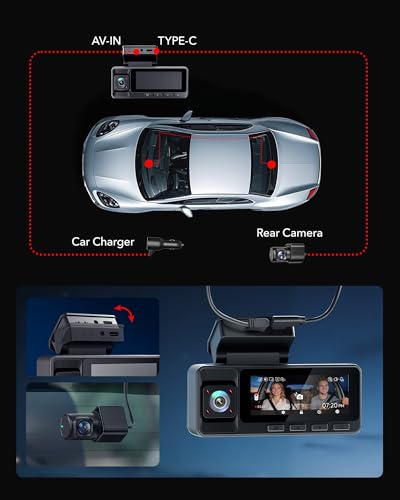 REDTIGER A3 Camara para Carro 3 Canales WiFi, 2.5K+1080P+1080P Delantera/Trasera/Interior, Pantalla 3.18'', Visión Nocturna IR, Grabación en Bucle, Estacionamiento 24H, Soporta 256GB