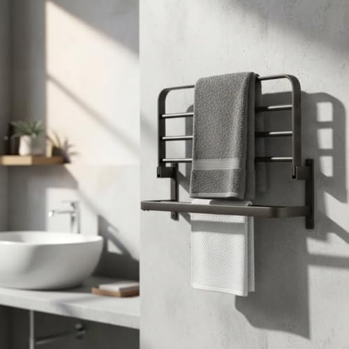 Toalheiro Duplo com Prateleira de Aço para Banheiro Porta Toalha de Parede | Suporte para Toalhas de Luxo Moderno, Resistente à Umidade | Instalação Parafusada ou Adesiva | Preto/Cinza Escuro