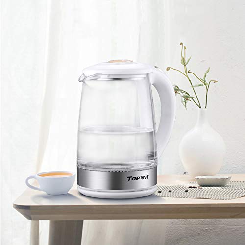Topwit Electric Kettle Water Heater Boiler, Glass Cordless Tea Kettle 2 Liter with LED Light, Stainless Steel Inner Lid and Bottom, Fast Heating with Auto Shut-Off and Boil Dry Protection, White