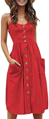Imysty Womens Summer Spaghetti Strap Button Down Boho Casual Swing Midi Dress with Pockets