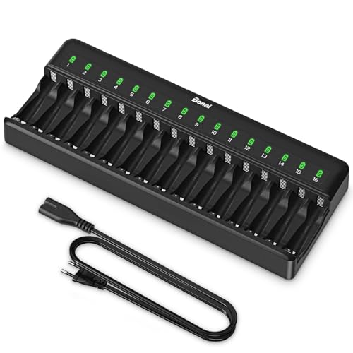 BONAI 16 Slots Battery Charger, Battery Charger for AA and AAA Ni-MH Rechargeable Batteries with Smart and Independent Charging, LED Indicator, Batteries Not Included - Black