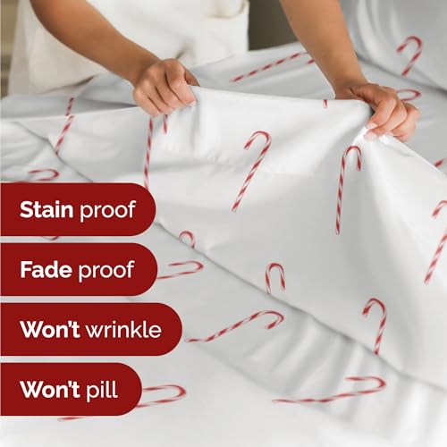 Queen Christmas Candy Canes Sheet Set - Holiday Xmas Pattern Bedding Set - Deep Pockets - Snug Fit - 4 Piece - Wrinkle Free - Cozy Cooling Festive Winter - Holiday Sheets for Women, Men, Kids & Teens