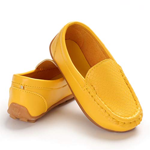 E-FAK Toddler Boys Girls Soft Synthetic Leather Loafers Slip On Boat Dress Shoes Flat (Toddler/Little Kid/Big Kid)(5 M US Toddler,Yellow) - Thumbnail 3