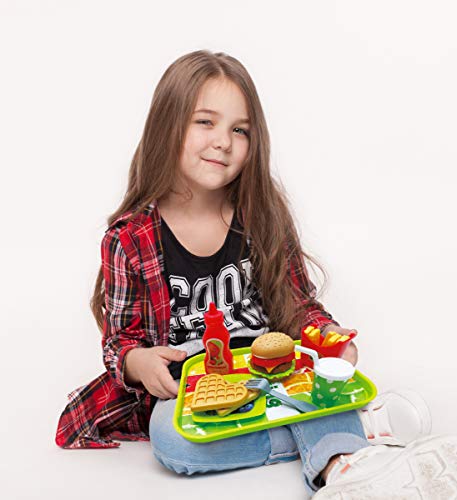 Mozlly Deluxe Diner Lunch Tray Playset, Fake Plastic Utensils Love Waffles French Fries Soda & More Fast Food Kitchen Accessories for Kids Toddlers - Restaurant Role Play Toys (Styles May Vary)