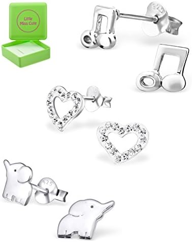 Gift boxed set of 3 .925 Sterling Silver Hypoallergenic Stud Earrings for Girls (Nickel Free) - Music Note-Elephant-Crystal Heart