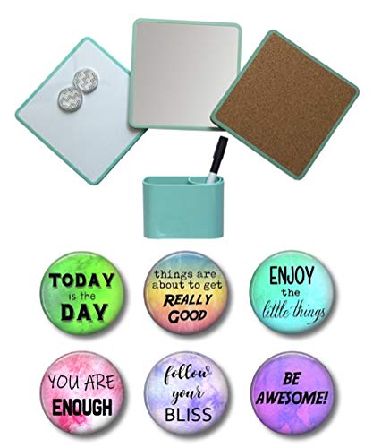 Locker Kit with Tall Shelf : Mirror, Cork Board, White Board, 6 Inspirational Magnets, 2 Pencil Cups 15 Piece Set (Mint Kit with Shelf)