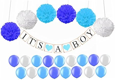Elecrainbow “It's A Boy” for Baby Shower Decorations, 1 pcs Bunting Banner with Sweet Heart, 6 pcs Tissue Paper Flower Pom Poms, 15 pcs Shining Balloons for Christening Garland Decoration Birthday
