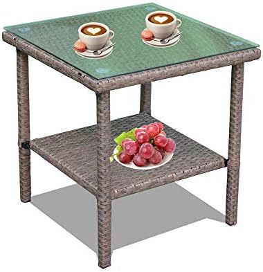 LEAPTIME Patio Side Table Coffee Table Tea Table Chocolate Brown Rattan Outdoor Indoor Square Table Balcony Small End Table