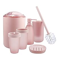 iMucci Pink 6pcs Bathroom Accessories Set - with Trash Can Toothbrush Holder Soap Dispenser Soap and Lotion Set Tumbler Cup