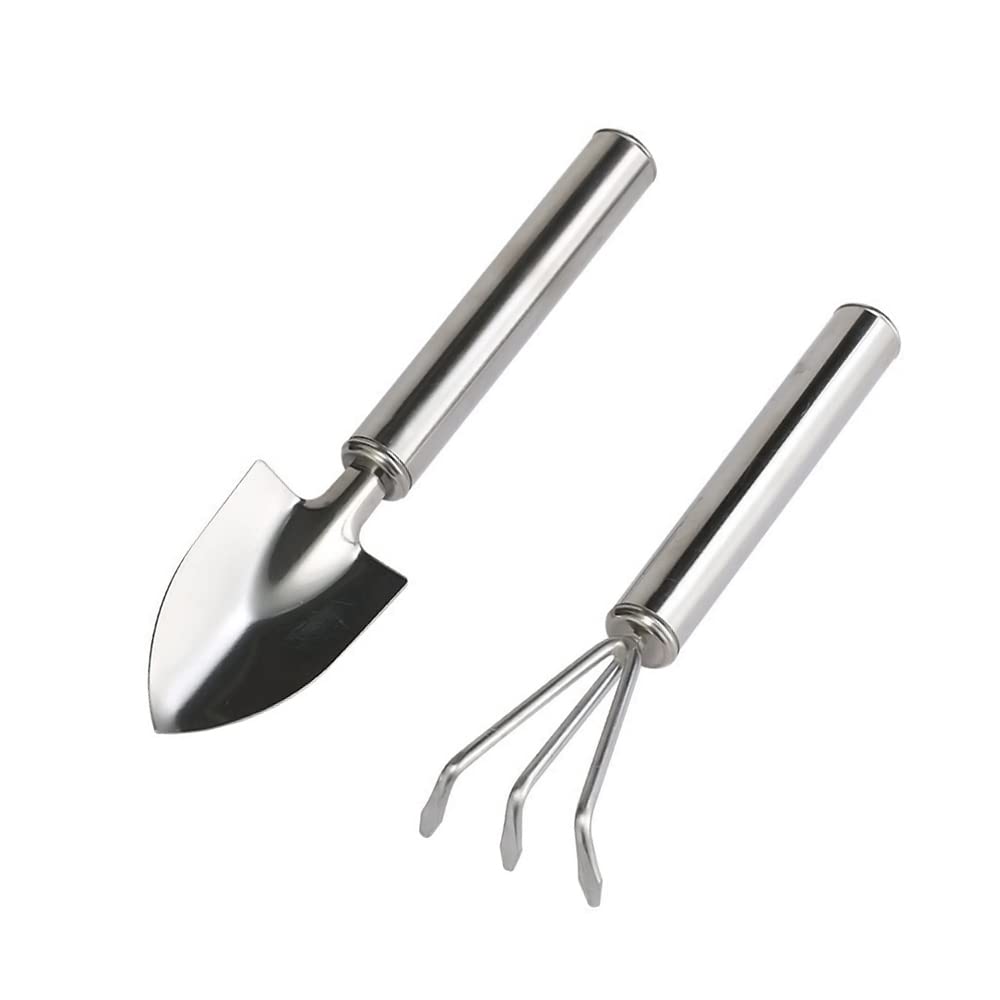 Gardening Tools Set,2 Piece Stainless Steel Handle Garden Hand Tool Miniature Gardening Rake Trowel Shovel,for Seedlings,Bonsai,Succulents,Herbs,Terrariums,Planting,Gift,Outdoor Hand Planting