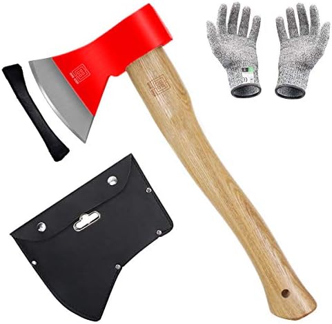 One Ste 斧 キャンプ 薪割り 手斧 アウトドア用 鉈 枝打ち 大工斧 万能斧 小型薪割り斧 薪ストーブ 釣り 山歩き 保護ケース付き 耐切創手袋付き 焚き火台 39cm 赤色斧