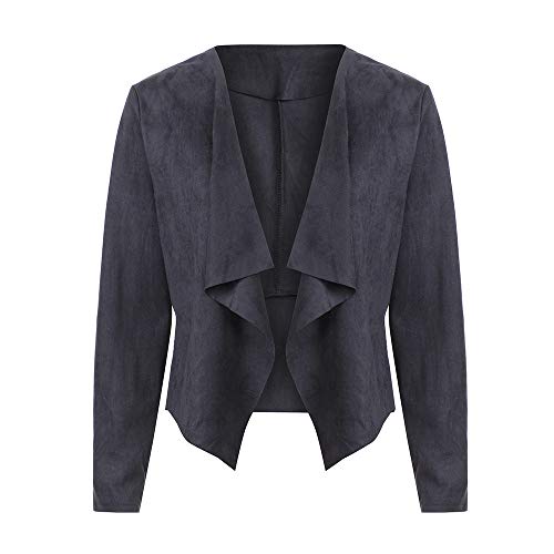 JOFOW Women's Solid Cardigans Suede Long Sleeve Slim Lapel Collar Elegant Chic Wrap Jackets Outwear Thin Coats for Women (2XL,Dark Gray) - Thumbnail 4