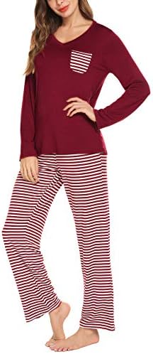 Women 2 Piece Pajamas Sets V Neck Tops and Striped Pants Cotton Nighty Loungewear PJ Sets