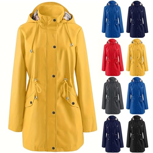 Raincoat Women, Rain Coats for Women Long Hooded Lightweight Waterproof Jakcet with Pockets Zip up Softshell Windbreaker with Drawstrings XL
