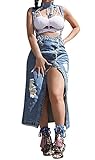 Ermonn Women's Hip Package Ripped Front Slit Galling Jean Skirt Overalls
