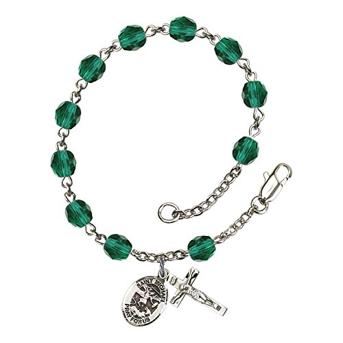 St. Michael the Archangel Silver Plate Rosary Bracelet 6mm December Blue Fire Polished Beads Crucifix Size 5/8 x 1/4 medal