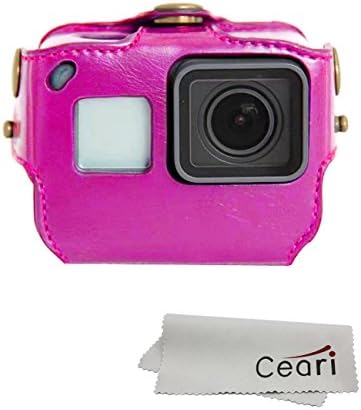 CEARI PU Leather Camera Case Bag Protective Cover with Strap for Gopro HERO 5 Action Camera - Hot Pink