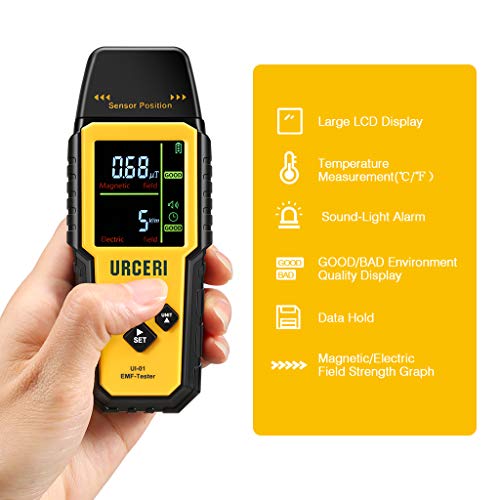 URCERI EMF Meter Electromagnetic Radiation Detector Multi Field Tester Handheld Mini with Backlight Colored LCD Screen and Temperature Detection with Sound Alert and Intensity Graphs (UI-01)