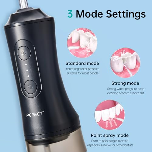 PERECT Portable Water Flosser for Teeth Cleaning, Travel Water Flossers for Teeth & Braces, 300ML Cordless Oral Irrigator with 3 Modes, 4 Tips, USB Rechargeable, IPX7 Waterproof (Black)
