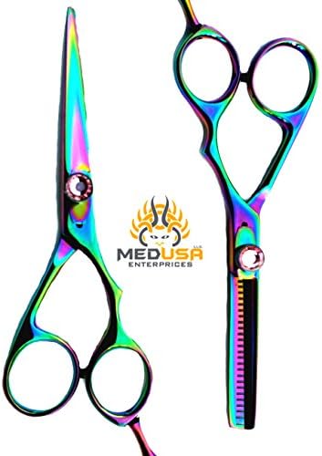 Professional Multicolor Diamond Screws Titanium Coated Japanese Stainless Steel Barber Razor Edge Hair Cutting & Thinning Shears Scissors Set 5.5"
