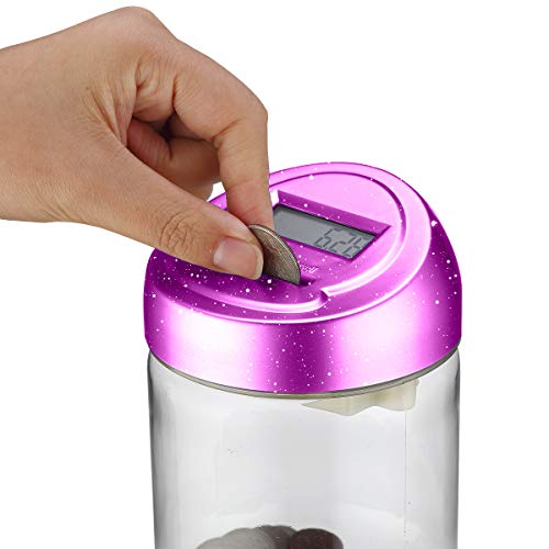 Younion Digital Coin Bank, Automatic Coin Counter Totals All U.S. Coins, Clear Money Saving Jar with LCD Display, Purple