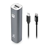 Mini 3400mAh Portable Charger, iXCC (3rd Generation) Lipstick-Sized Power Bank Aluminum External Battery with MFi Certified Lightning Cable - Gray