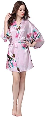 LANGBOHAI Short Style Women's Peacock Printed Kimono Robe Wedding Satin Silk Kimono Robe Sleepwear
