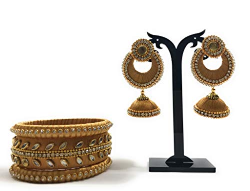 Set of silk thread bangles and matching earrings/Gold/Size 2.6