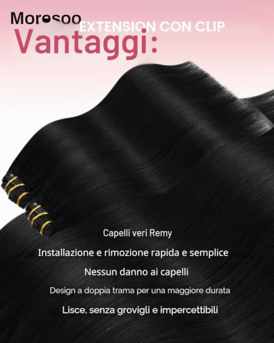 Moresoo Clip in Human Hair Extensions 60 cm Black Jet Remy Human #1 120 g 7pcs | Instant Volume, Invisible At The Neck, Modern Style, Easy To Wear, Soft Texture
