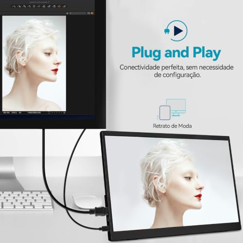 Monitor portátil de 15,6 polegadas, conectividade USB-C e HDMI, resolução Full HD 1080p, falantes integrados compatível com diversos dispositivos–Preto