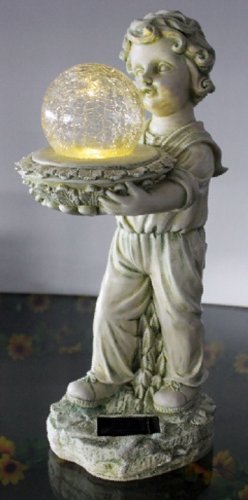 Garden yard decoration boy holding color changing crackle ball ou…