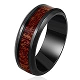 Men's Wedding Bands 8mm Black Tungsten Carbide Engagement Promise Ring with Hawaii KOA Wood Inaly High Polished Finish Comfort Fit Size 6-13