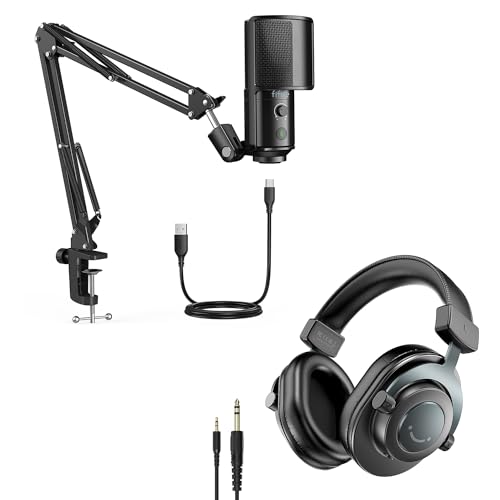 FIFINE Recording Mic Arm Kit and Streaming Headphones Bundle, Condenser Microphone Boom Arm with Mute Button, Gain Knob, Over Ear Wired Headphones with Detachable Cables for Podcast(T669PRO1+H8)