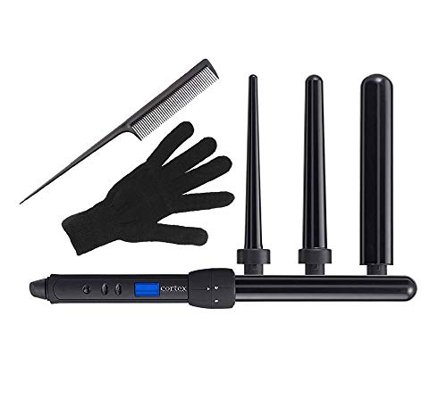 Cortex 4In1 Pro Ceramic Clipless Curling Iron Set With Four Ceramic/Tourmaline Interchangeable Heads Heat Resistant Glove And 140 - 450 Degree Variable Temperature