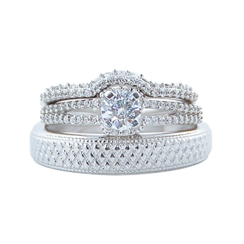 Diamond Scotch White Cubic Zirconia Solitaire His & her Wedding Engagement Trio Ring in 14k White Gold Over