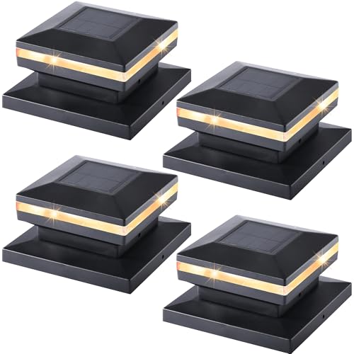 Dynaming 4 Pack Solar Post Cap Lights, Outdoor Decorative Post Solar Lights Black Shell Caps Fit 4x4 5x5 6x6 Vinyl/Wooden Posts, Brightness Warm White LED Lighting for Garden Fence Deck Patio