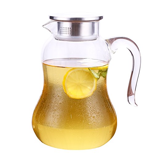 2 Litre Water Carafe Double Wall Glass Pitcher with Stainless Steel Flow Lid, Borosilicate Water Jug for Hot/Cold Water, Coffee, Ice Tea, Juice Beverage, Decanting and Serving Wine GYBL425