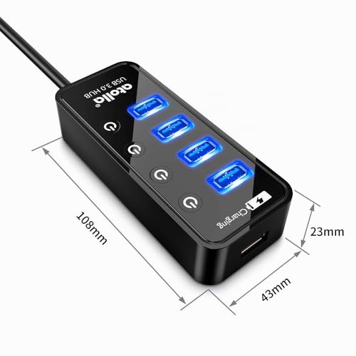 Atolla Powered USB 3.0 Hub, 4-Port USB Hub with Individual On/Off Switches - Power Adapter Included