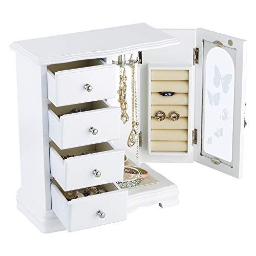 RR ROUND RICH DESIGN Jewelry Box - Made of Solid Wood with 4 Drawers Organizer and Built-in Necklace Carousel and Large Mirror White