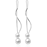 SLUYNZ Sterling Silver Pearls Dangle Earrings Curve Chain for Women Girls Pearls Threader Wedding Earrings for Brides