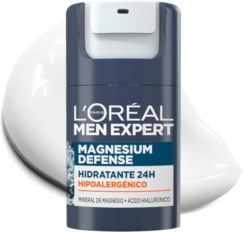 L'Oréal Men Expert, Crema Facial Hidratante 24H Para Hombre, Hipoalergénica Mineral de Magnesio + Ácido Hialurónico, Sin alcohol, Pieles Sensibles, 50 ml