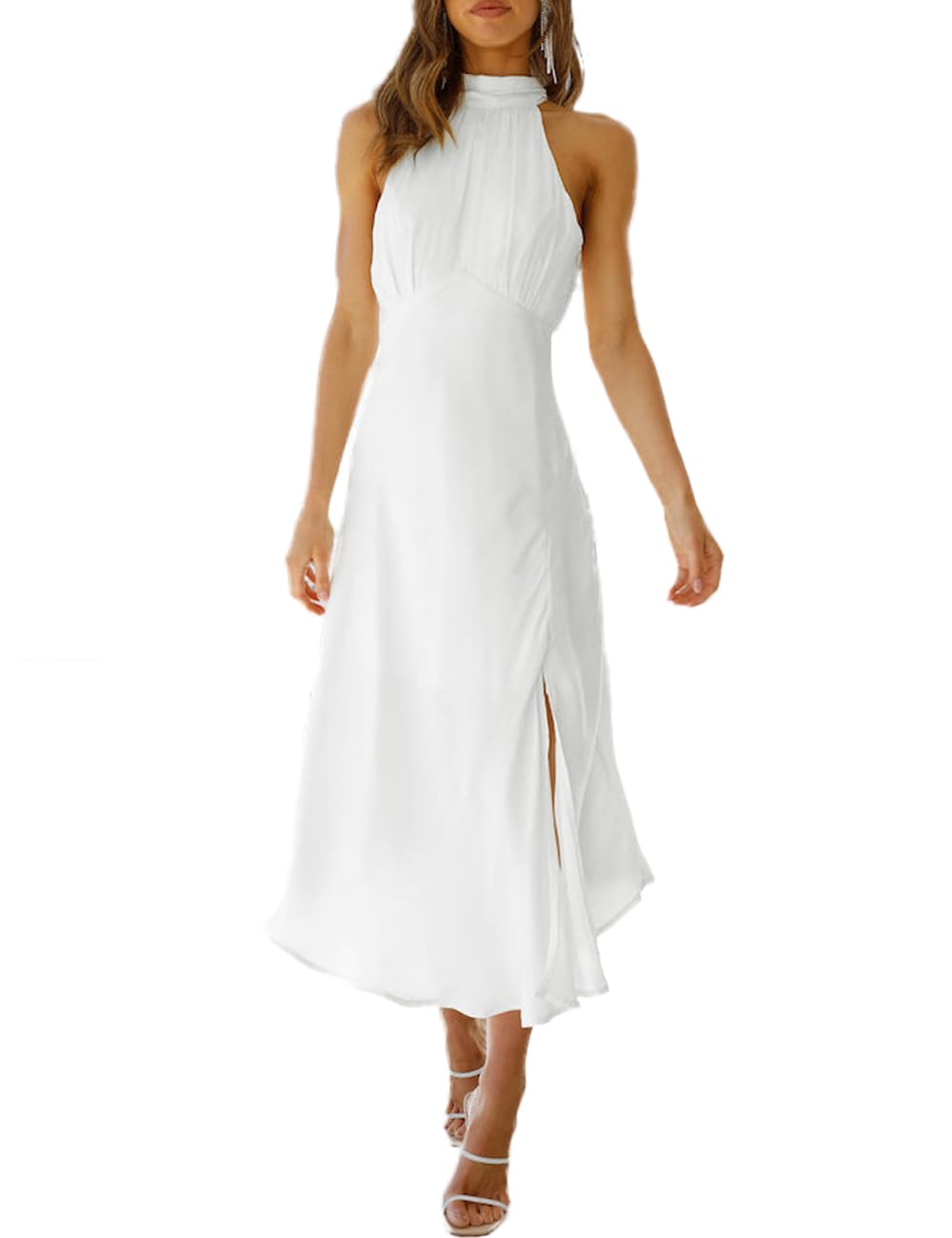 Photo 1 of BEOVR Summer Halter Neck Slit Cocktail Midi Dress 2023 Sexy Cut Out Elegant High Neck Long Dresses for Women Wedding Guest White